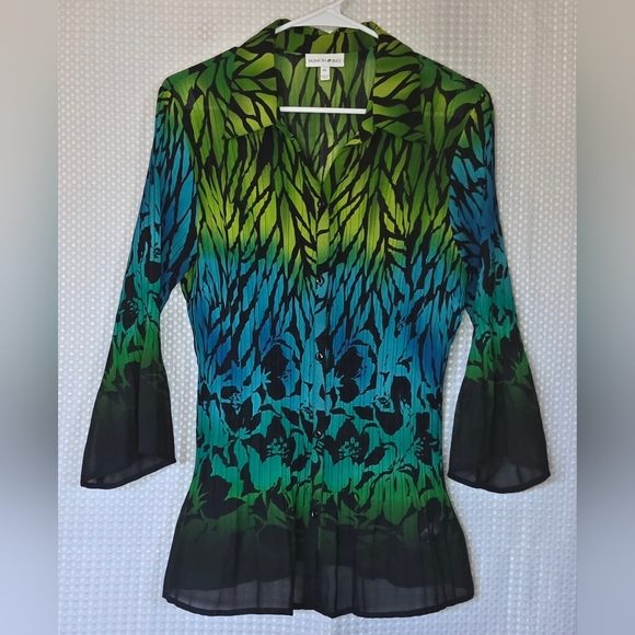 Sheer Chiffon Blouse Green Blue Ombre Floral Top Flowy Bell Sleeve Work to Weeke - Picture 7 of 11